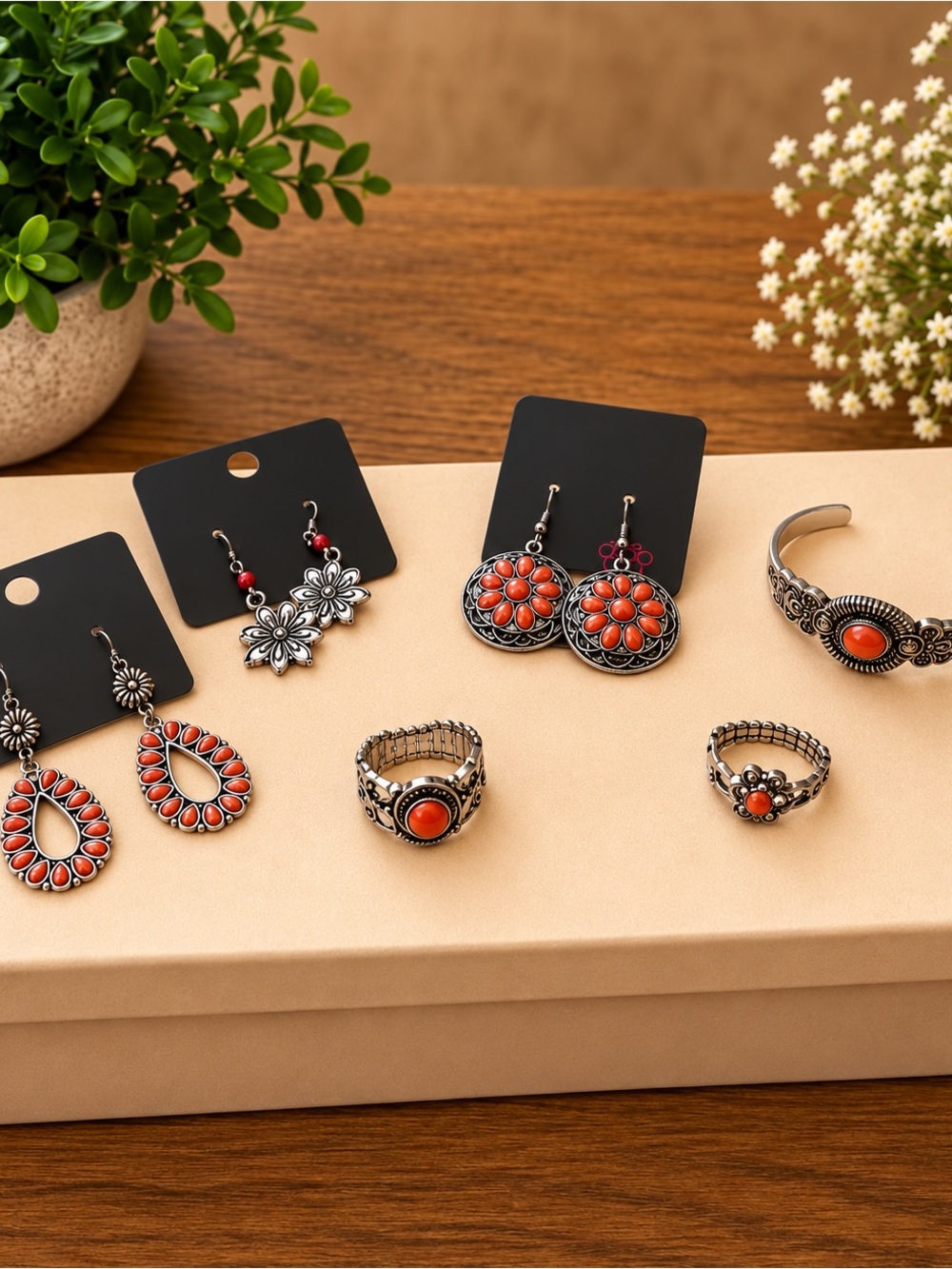 paparazzi Coral Cabochon Silver-Tone Boho Earring Set